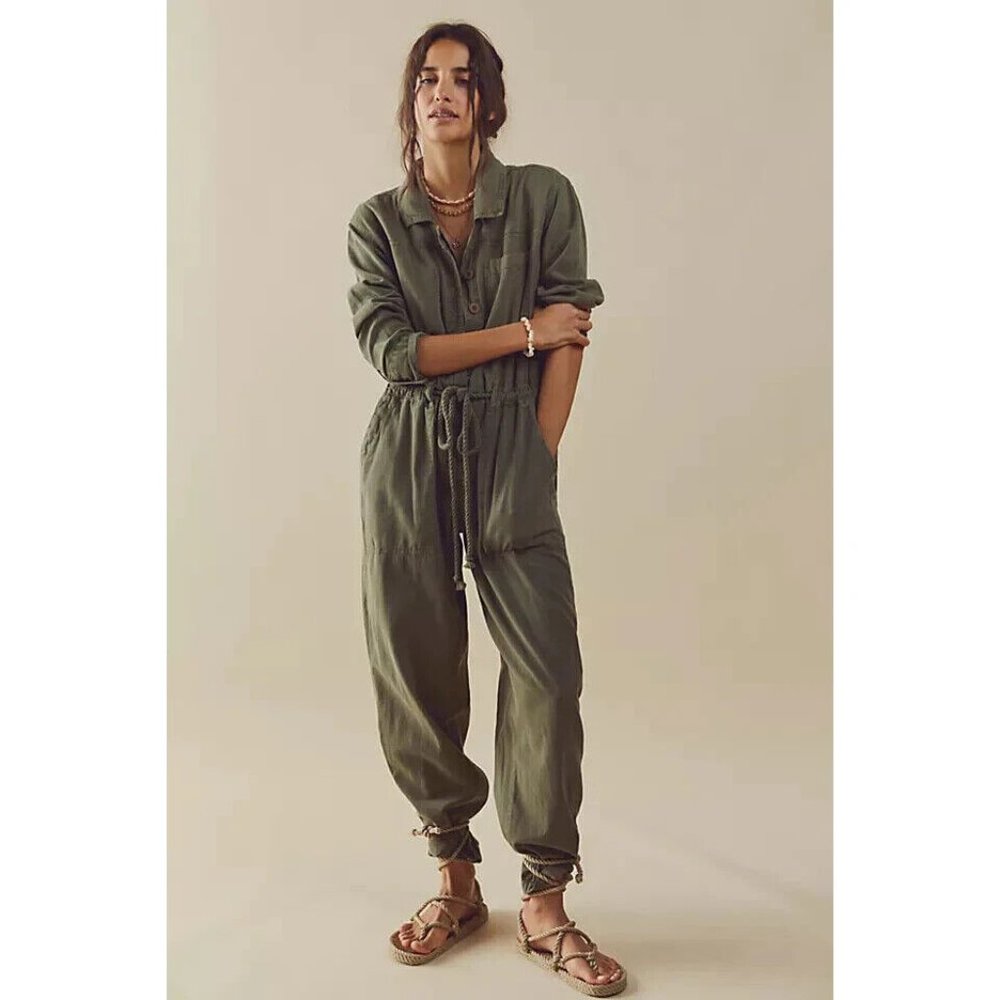 Free People Quinn Coveralls Jumpsuit Button Up Green New - Picture 2 of 8